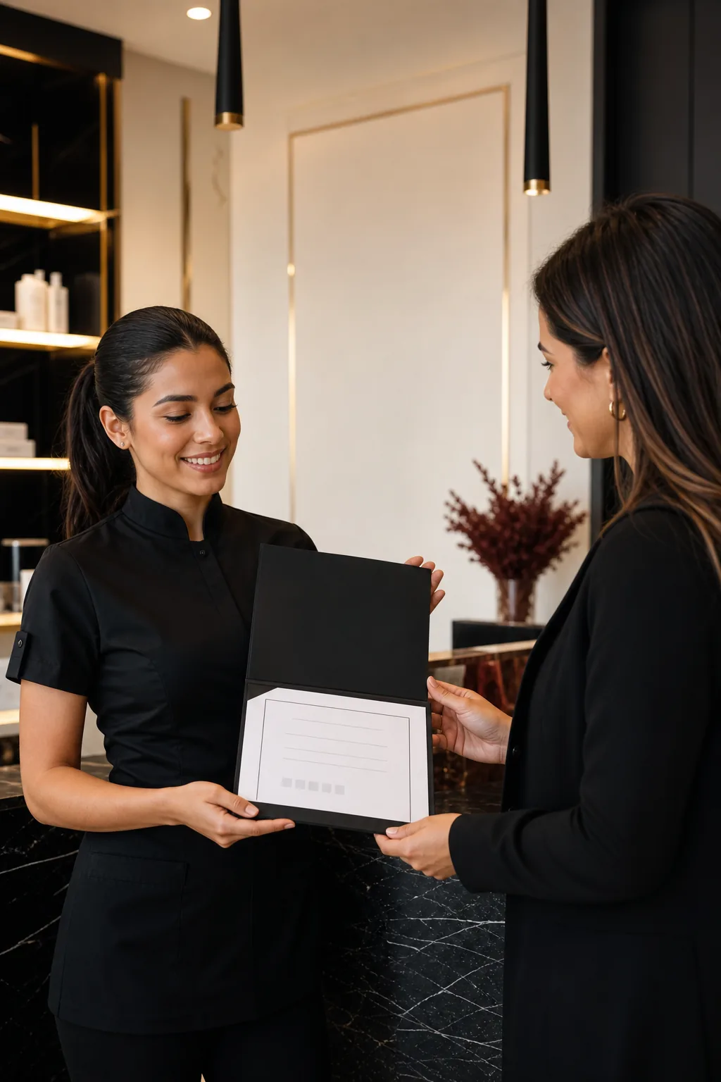 Profissional apresentando certificado com número de registro profissional ao cliente