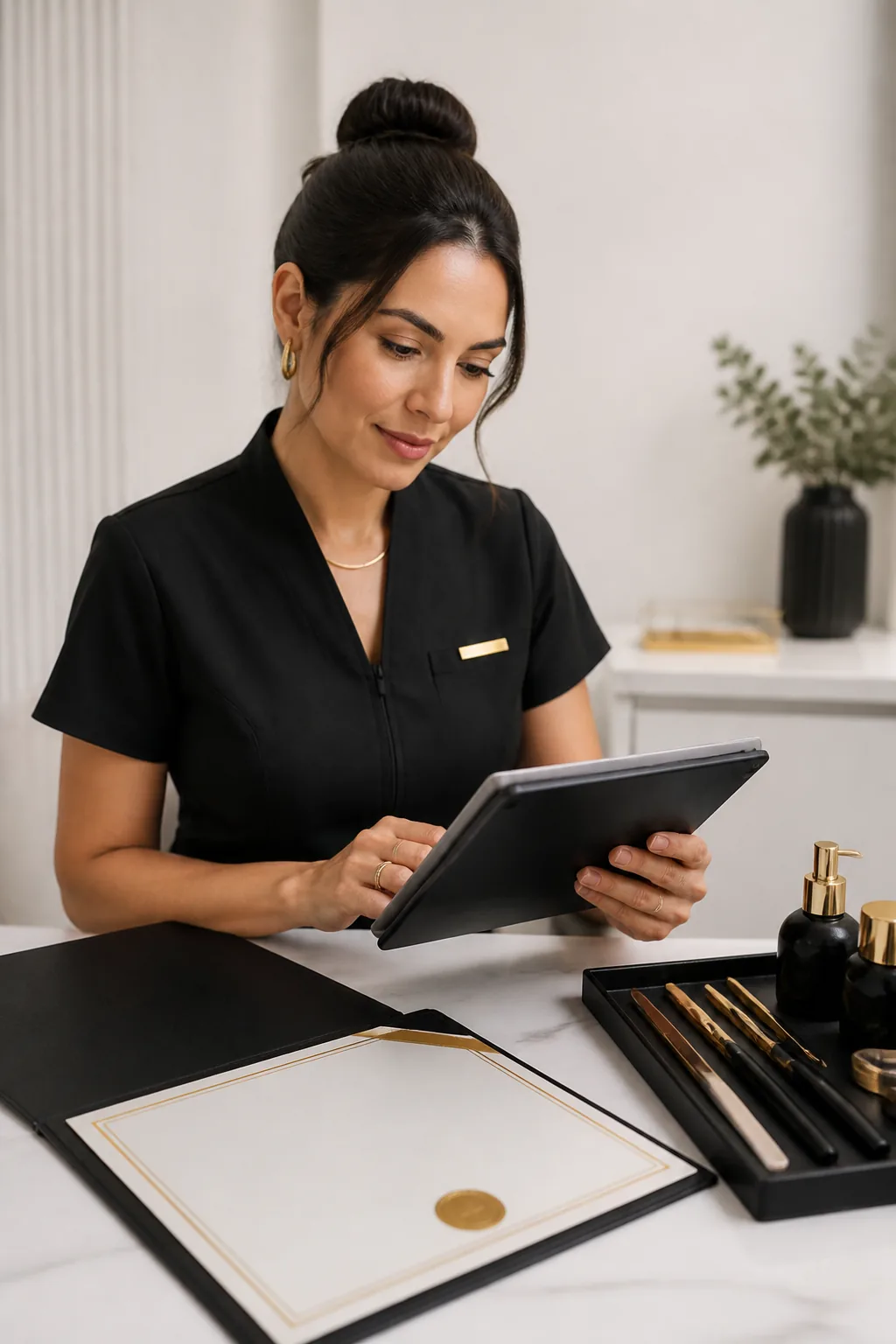 Profissional estudando certificação em tablet